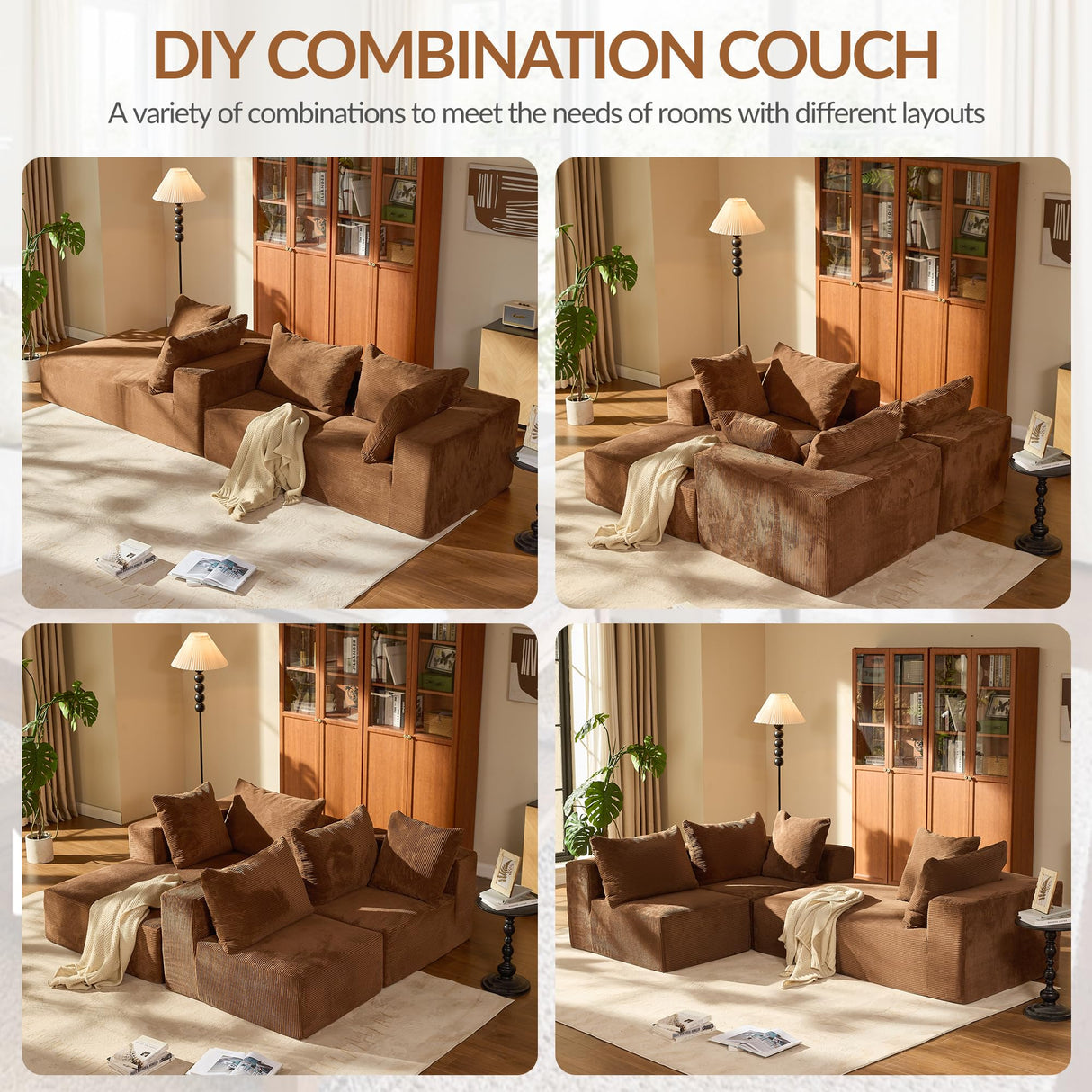 108” Modular Sectional Sofa, Boneless Cloud Couch with Oversized Chaise and Deep Seat, Comfortable High-Density Memory Foam Sectional Couches for Living Room, Bedroom, No Assembly Required (Brown) HUGROVE