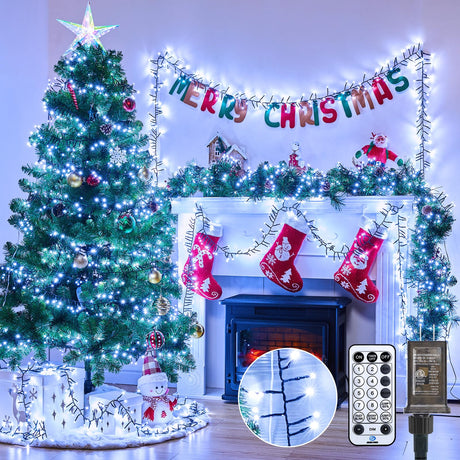 Minetom 50 Ft 1000 LED Cluster Lights Christmas Tree Lights Outdoor Christmas Firecrackers String Lights, 12 Modes Timer Remote Waterproof Plug in Twinkle Fairy Lights for Xmas Tree Party, Cool White Minetom
