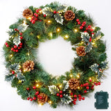24 Inch Pre-Lit Artificial Christmas Wreath, Battery Operated LED Christmas Wreath with Pine Needles Branches Hari Leaves Red Berry Pine Cones Lighted Wreath for Front Door Wall Windows X-mas Ornament Brightown