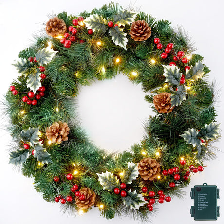 24 Inch Pre-Lit Artificial Christmas Wreath, Battery Operated LED Christmas Wreath with Pine Needles Branches Hari Leaves Red Berry Pine Cones Lighted Wreath for Front Door Wall Windows X-mas Ornament Brightown