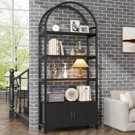 Semoic Arched Bookshelf with Drawers, 71" Tall Industrial Bookcase with Sturdy Metal Frame, Freestanding Display Shelving Unit, Geometric Book Shelf for Lving Room, Home Office, Black Semoic