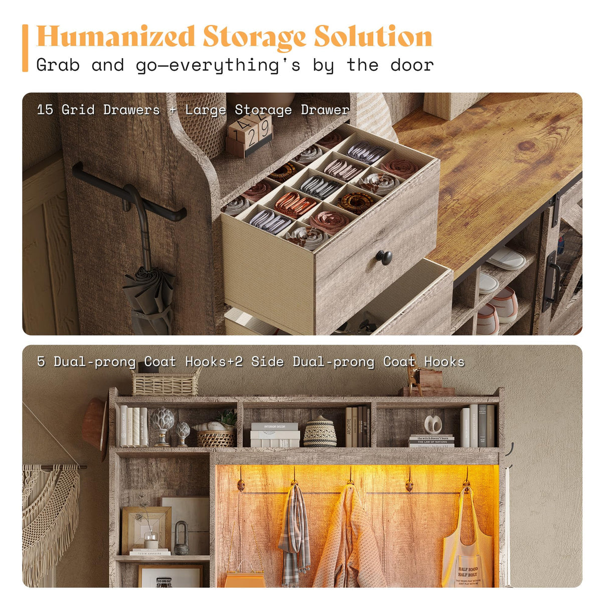 AMERLIFE 7-in-1 Farmhouse Hall Tree with Bench and Shoe Cabinet, LED Entryway Organizer with Drawers,12 Shoe Cubbies & Barn Doors, 7 Coat Racks with Shoe Storage, Rustic Gray AMERLIFE