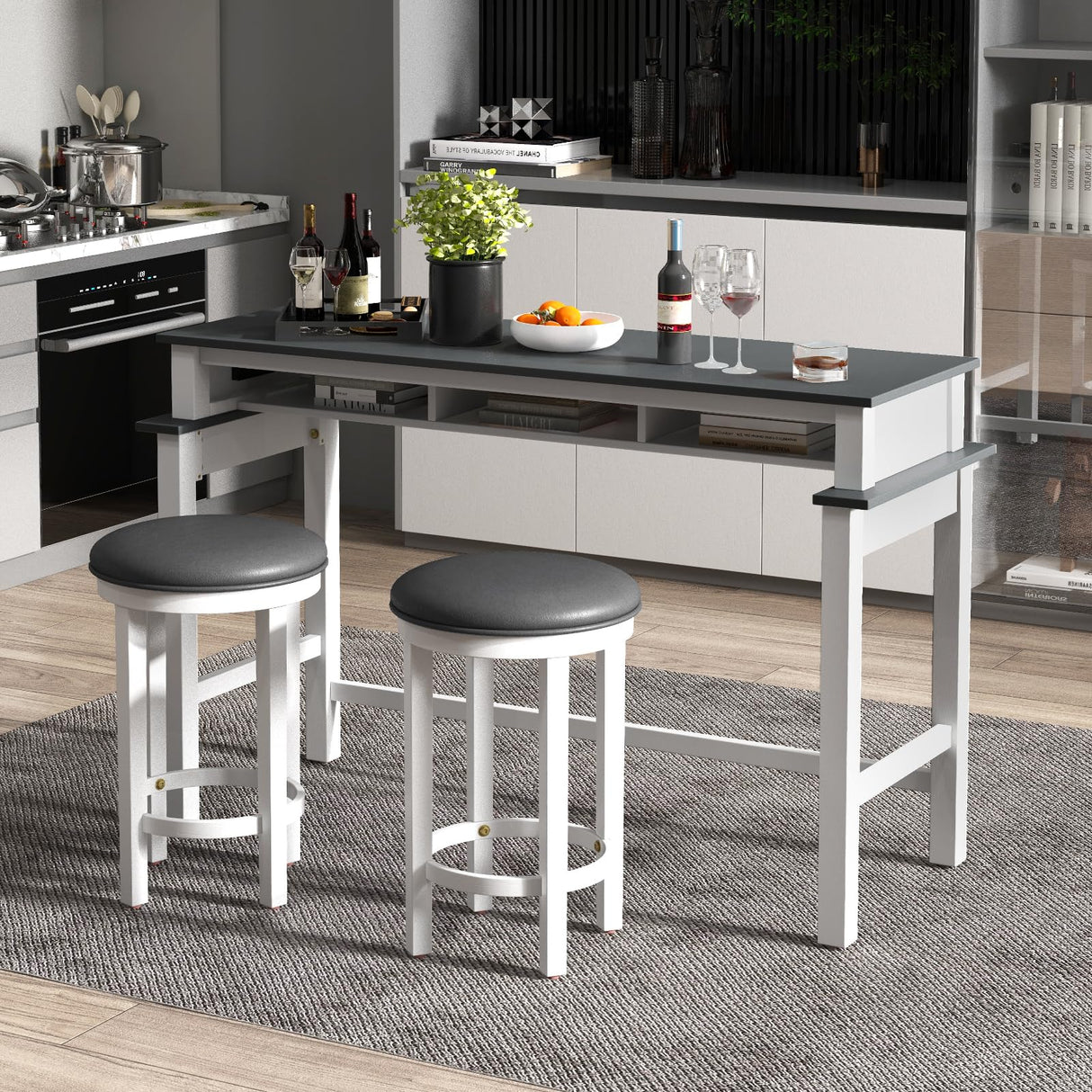 Giantex White and Grey Counter Height Bar Table with Power Outlets and Storage Compartments Giantex