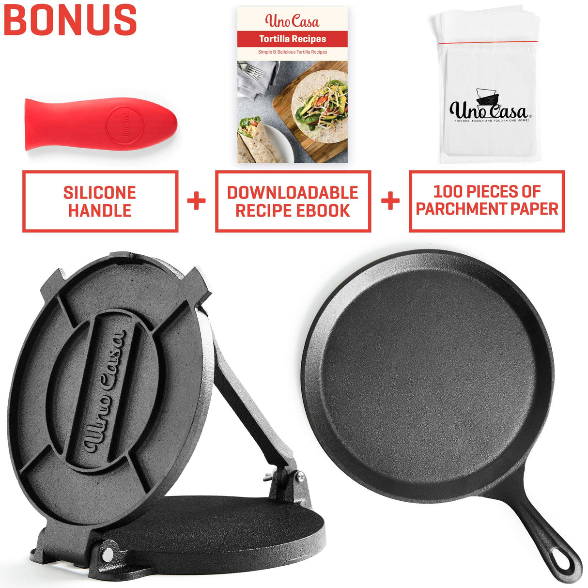 Uno Casa Cast Iron Tortilla Press 8 Inch with Cast Iron Comal Pan - Bundle of Cast Iron Tortilla Skillet for Roti, Tawa, Dosa, and Pataconera - Pre-Seasoned Heavy Duty Cookware for Authentic Cooking Uno Casa