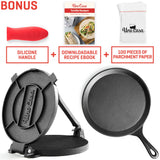 Uno Casa Cast Iron Tortilla Press 8 Inch with Cast Iron Comal Pan - Bundle of Cast Iron Tortilla Skillet for Roti, Tawa, Dosa, and Pataconera - Pre-Seasoned Heavy Duty Cookware for Authentic Cooking Uno Casa
