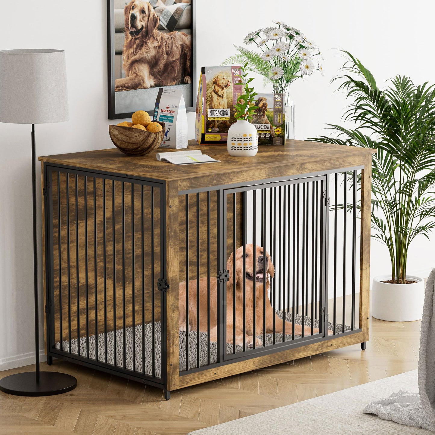 BREEZEHEAT Dog Crate Furniture with Cushion, 44'' Wooden Dog Crate Kennel with Double Doors, Heavy-Duty Dog Cage End Table for Small/Medium/Large Dog, Indoor Dog House, Rustic Brown