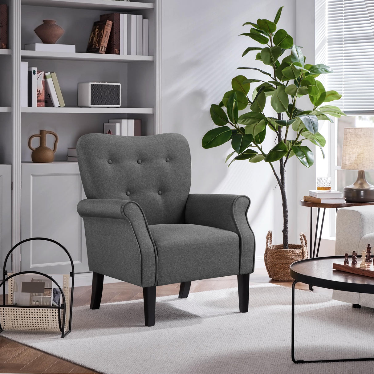 Yaheetech Modern Armchair, Mid Century Accent Chair with Sturdy Wood Legs and High Back for Small Space, Upholstered Fabric Sofa Club Chair for Living Room/Bedroom/Office, Set of 2, Dark Gray Yaheetech