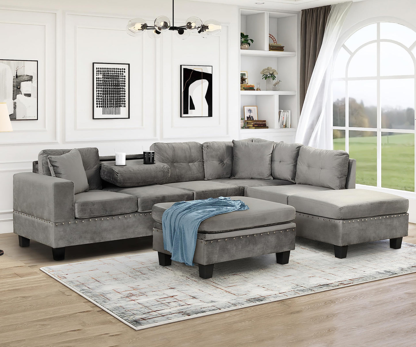 P PURLOVE Sectional Sofa with Reversible Chaise and 2 Pillows, Polyester L-Shaped Sofa with Storage Ottoman and Cup Holders, Sectional Couche Living Room Furniture Sets (Gray) - WoodArtSupply