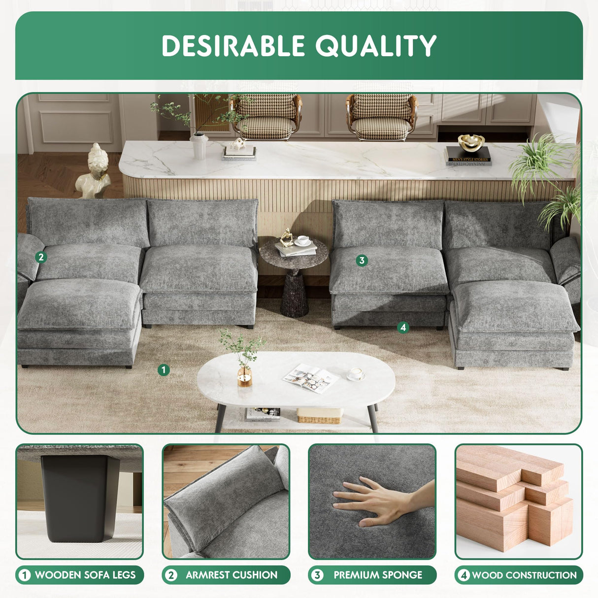 YESHOMY Sectional Modular Sofa U Shaped Chenille Fabric Couch with High Supportive & Soft Sponges and Removable Ottoman, Sleeper Comfy Upholstered Furniture for Living Room, Grey YESHOMY