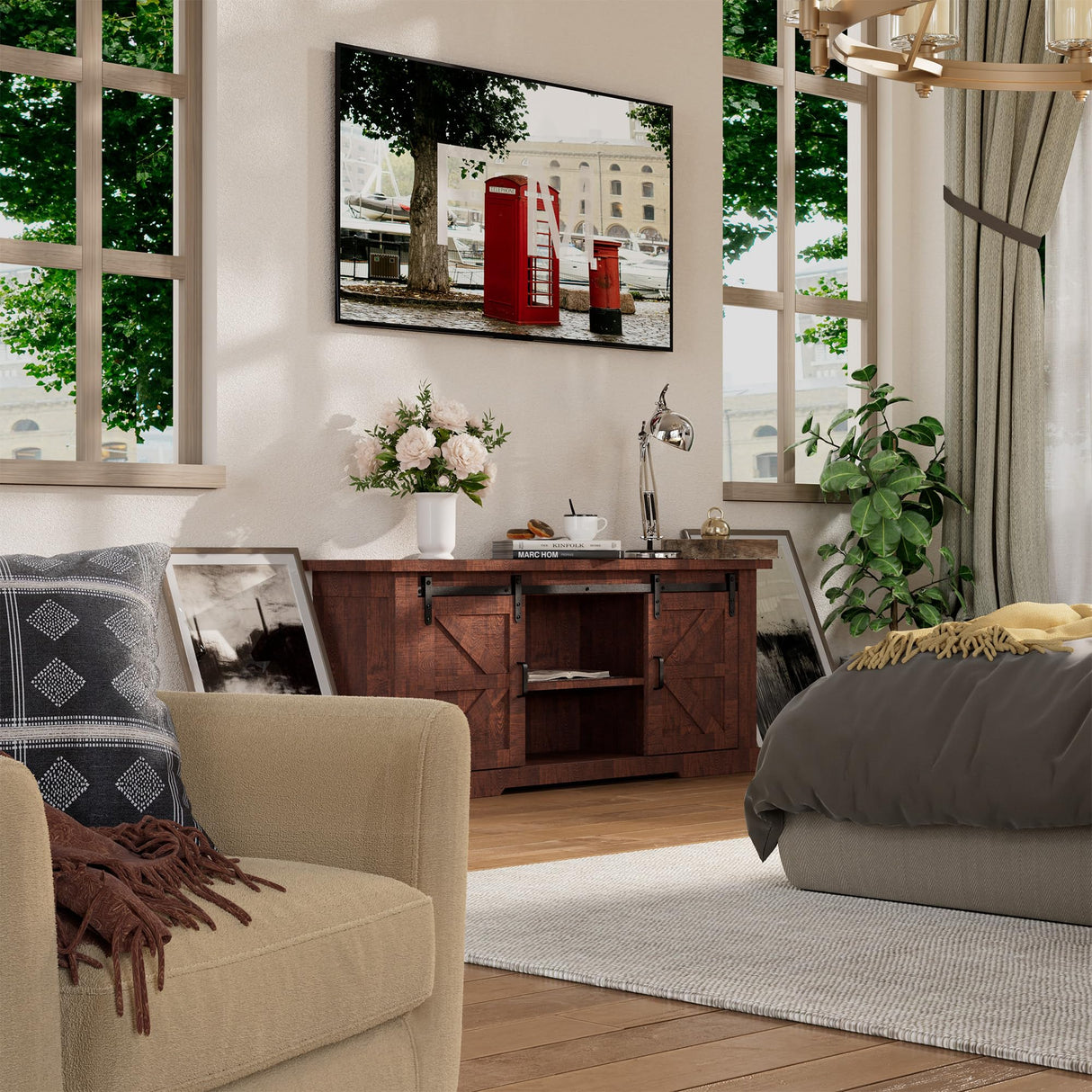 Farmhouse TV Stand for TVs up to 65+ Inch, Mid-Century Entertainment Center w/ Sliding Barn Doors and Storage Cabinets, Wood Rustic Media Console Table w/ Adjustable Shelf for Living Room, Barnwood YOUDENOVA