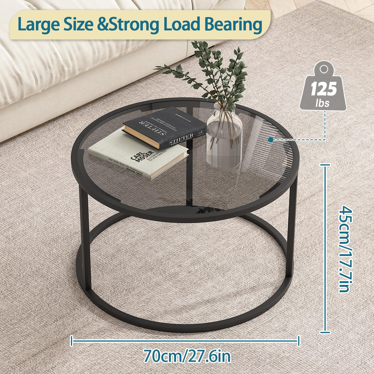 Glass Coffee Table Modern Center Table,Minimalist Round Coffee Tea Table,Tempered Glass-top with Sturdy Metal Frame for Living Room Bedroom Office and Small Space, 27 x 27 x 17 Inch,Gray Black Easy Paws