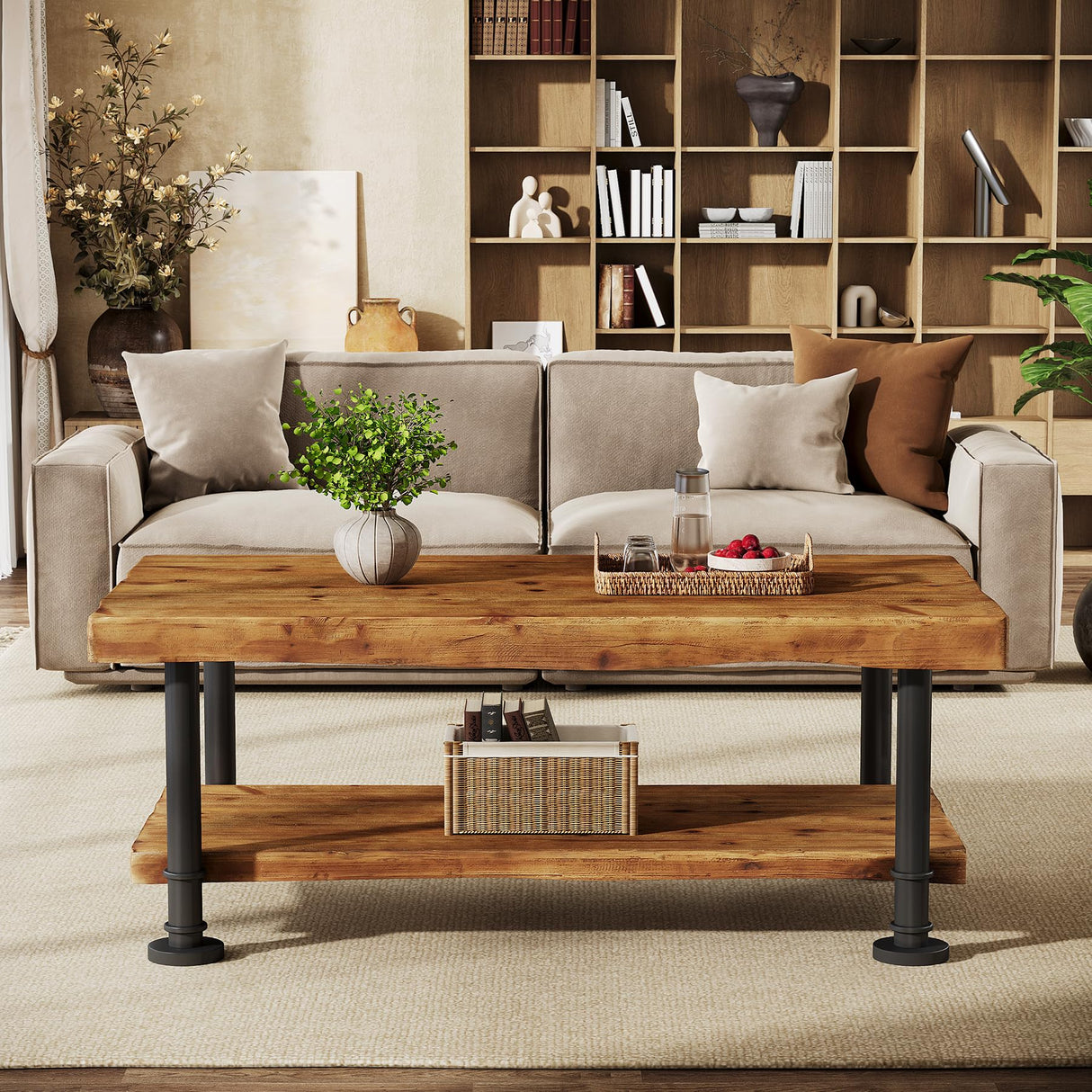 TRIBEWOOD Farmhouse Coffee Table, Wood Coffee Table with Storage, 2-Tier Live Edge Shelf, Metal Legs, 47" Rectangle Center Table for Living Room, Lounge, Brown and Black TRIBEWOOD