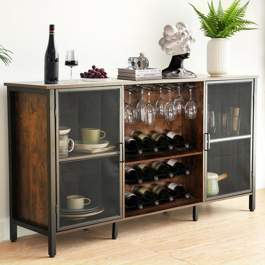 Rengue Liquor Cabinet Industrial Wine Bar Cabinet for Liquor and Glasses Farmhouse Sideboard and Buffet Cabinet for Home Kitchen Dining Rustic Brown 55 Inch