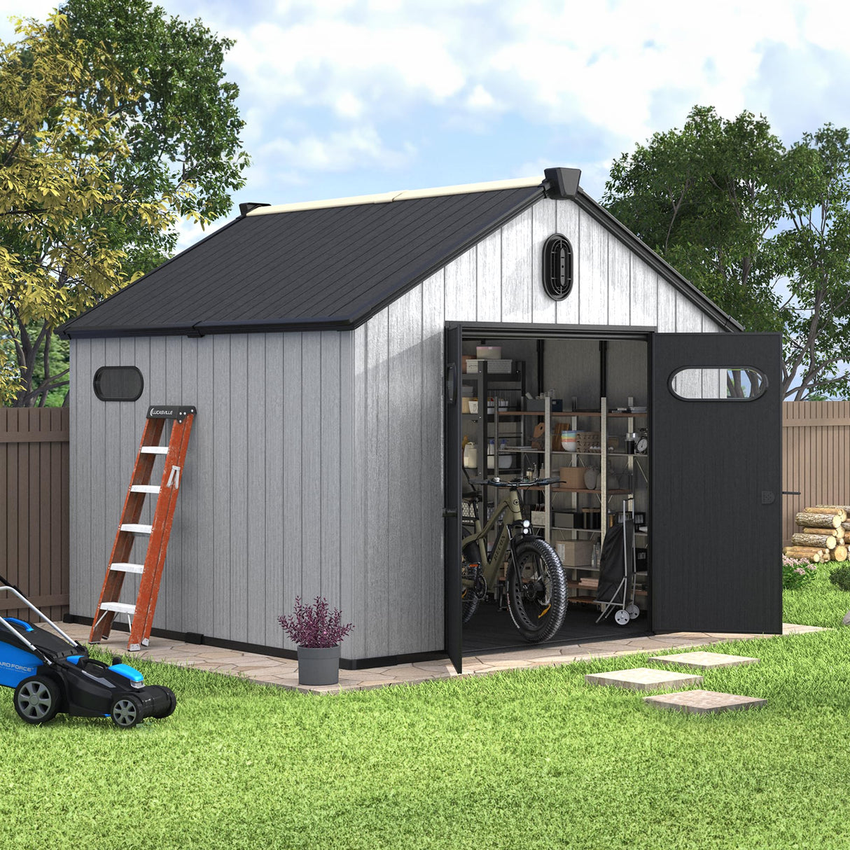 UDPATIO 8x10 FT Outdoor Storage Shed, Resin Plastic Shed with Floor Air Vents Side Windows Skylights Lockable Doors, Backyard Patio Garden, Grey UDPATIO