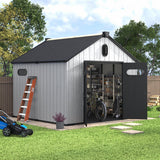 UDPATIO 8x10 FT Outdoor Storage Shed, Resin Plastic Shed with Floor Air Vents Side Windows Skylights Lockable Doors, Backyard Patio Garden, Grey UDPATIO