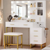 IRONCK Vanity Desk with Mirror and Lights, Makeup Vanity Table with 5 Drawers & Shelves, Power Outlet, Vanity Stool, Dressing Table with Jewelry Storage for Bedroom, White & Gold IRONCK