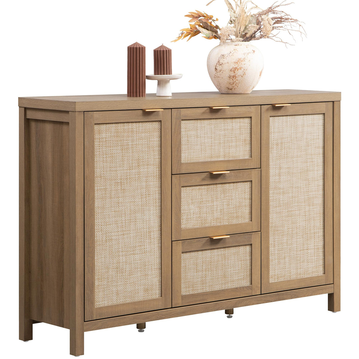 SICOTAS Rattan Sideboard Buffet Cabinet with Storage - 52" Larger Farmhouse Credenza Storage Coffee Bar Cabinet with 3 Drawers & 2 Doors, Boho Console Table for Living Room, Kitchen, Caramel Oak SICOTAS