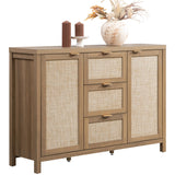 SICOTAS Rattan Sideboard Buffet Cabinet with Storage - 52" Larger Farmhouse Credenza Storage Coffee Bar Cabinet with 3 Drawers & 2 Doors, Boho Console Table for Living Room, Kitchen, Caramel Oak SICOTAS