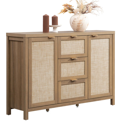 SICOTAS Rattan Sideboard Buffet Cabinet with Storage - 52" Larger Farmhouse Credenza Storage Coffee Bar Cabinet with 3 Drawers & 2 Doors, Boho Console Table for Living Room, Kitchen, Caramel Oak SICOTAS