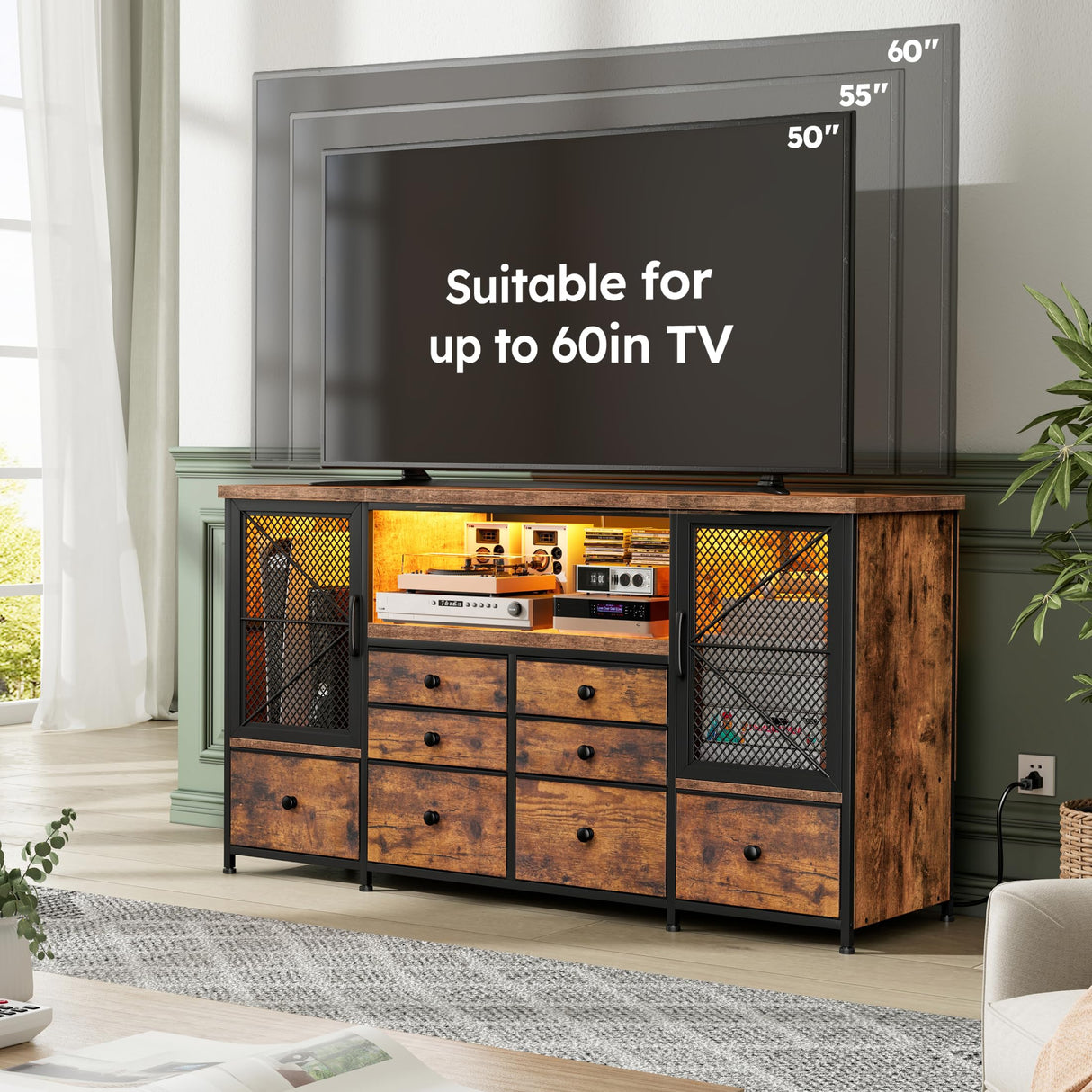 EnHomee Dresser for Bedroom with Power Outlets & LED Lights,49.2" W Bedroom Dresser for 60" TV Stand,Mesh Door,8 Drawers & 2 Large Cabinet,Chests of Drawers for Bedroom,Closet,Entryway,Rustic Brown EnHomee