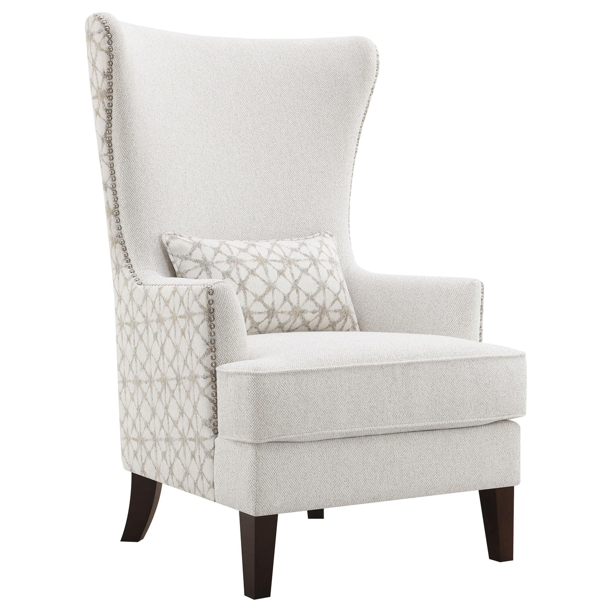 Coaster Home Furnishings - Pippin - Upholstered High Wingback Accent Chair with Brown Wood Legs, Track Arms, Removable T-Cushion, Geometric Pattern and Nailhead Trim - Living Room - Latte - 904066 Coaster Home Furnishings