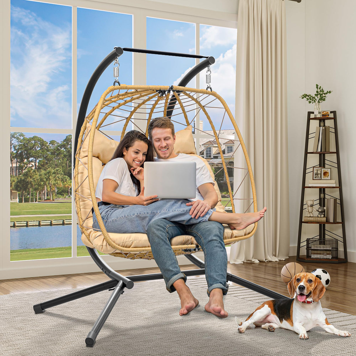 YITAHOME Hanging Egg Chair Swing Chair with Stand Double Egg Chair, 2 Person Wicker Chair Outdoor Indoor Hammock Egg Chair with Cushions 500lbs for Patio, Garden, Bedroom and Balcony, Beige YITAHOME