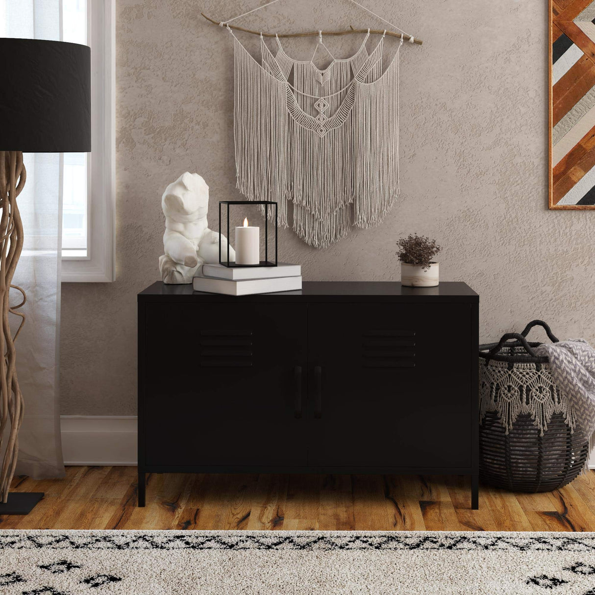 REALROOMS Shadwick 2 Door Wide Metal Locker Accent Storage Cabinet, Black REALROOMS