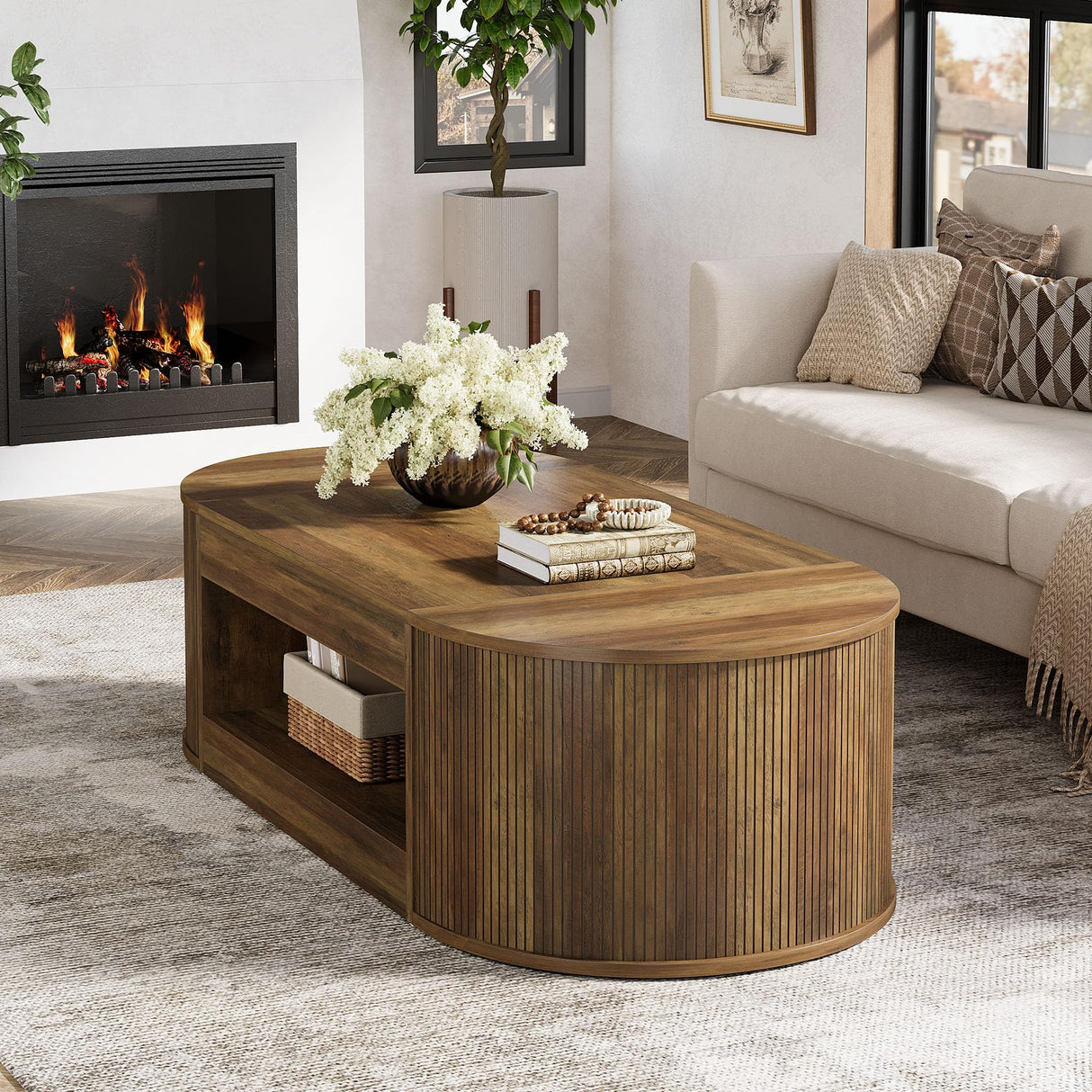 Tribesigns Farmhouse Coffee Table with Storage, 55-Inch Oval Center Table, 2-Tier Large Tea Table for Living Room, Office Reception, Rustic Brown Tribesigns