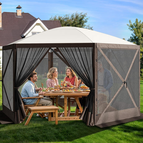 DWVO Gazebo Screen Tent, 12x12ft Instant Outdoor Portable Camping Screen House Canopy 6 Sided w/Mesh Windows & Carry Bag for Patio, Camping, Backyard, Brown DWVO