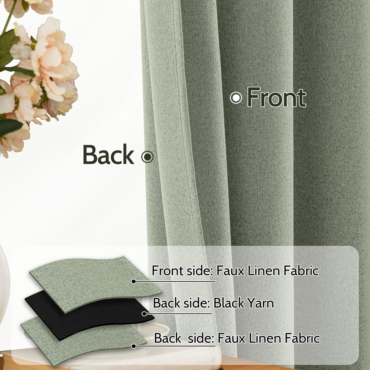 SimpleHome Sage Green Linen 100% Blackout Curtains for Living Room,84 Inch Length Farmhouse Back Tab Textured Curtains for Bedroom,2 Panels,52" W x 84" L SimpleHome