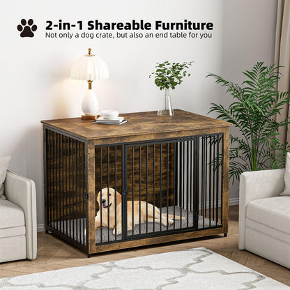 BREEZEHEAT Dog Crate Furniture with Cushion, 44'' Wooden Dog Crate Kennel with Double Doors, Heavy-Duty Dog Cage End Table for Small/Medium/Large Dog, Indoor Dog House, Rustic Brown