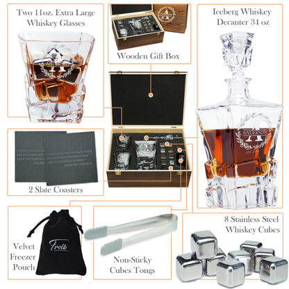 Personalized Whiskey Decanter and Stones Set - Customized Gift for Men, Dad, Father - Engraved Rocks Whiskey Decanter, 2 XL Glasses, 8 Whisky Cubes, - WoodArtSupply