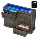 Lareth Farmhouse 6 Drawer Dresser for Bedroom 47 inch Wooden Double Chest of Drawers with Glass Top LED Light Charging Station One Secret Drawer Bedroom Closet Dresser Tv Stand for Living Room, Brown Lareth