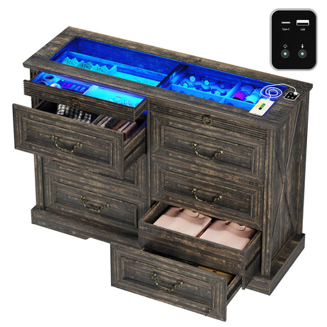 Lareth Farmhouse 6 Drawer Dresser for Bedroom 47 inch Wooden Double Chest of Drawers with Glass Top LED Light Charging Station One Secret Drawer Bedroom Closet Dresser Tv Stand for Living Room, Brown Lareth