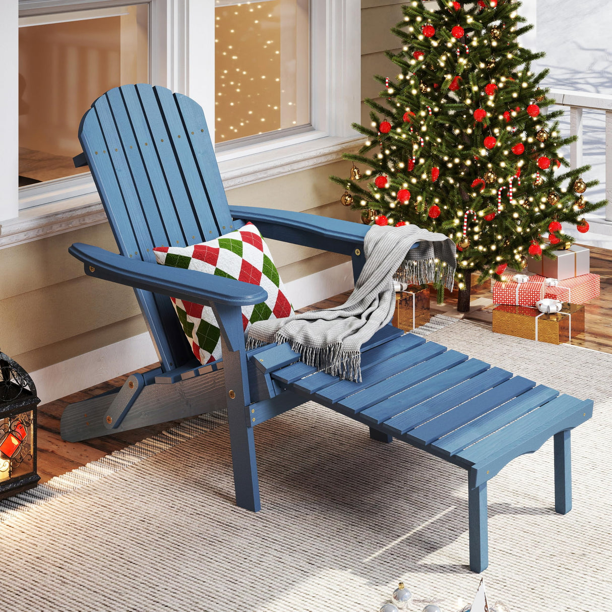 Wooden Outdoor Folding Adirondack Chair with Ottoman, Pre-Assembled BackRest & SeatBoard, Wood Patio Chair for Garden Backyard Porch Pool Deck Firepit SoliWood