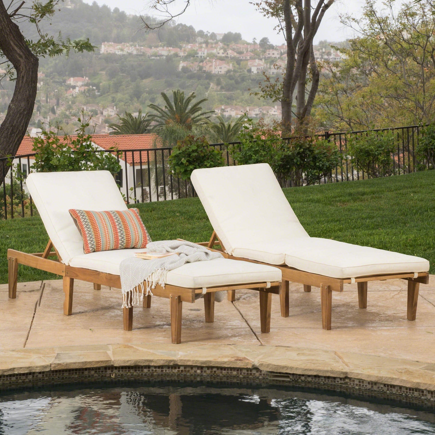 Christopher Knight Home Outdoor Pool/Deck Furniture, Teak Chaise Lounge Chairs with Cushions (Set of 2) - WoodArtSupply