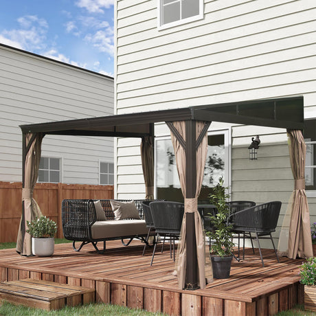Domi 10x12FT Lean to Gazebo, Hardtop Wall Mounted Gazebo with Sloping Galvanized Steel Roof, Wall Pergola with Aluminum Frame, Curtains and Netting, for Patio, Deck, Garden, Backyard domi outdoor living
