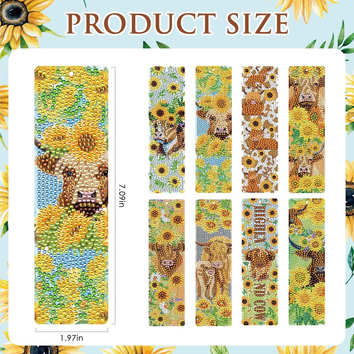 INCOK Diamond Painting Bookmarks Set - 8PCS Highland Cow 5D Diamond Art Bookmarks Kit with Tassel Sunflower Bookmarks Set for Highland Cow Lover Office Useful Project DIY Crafts Gifts Teacher INCOK