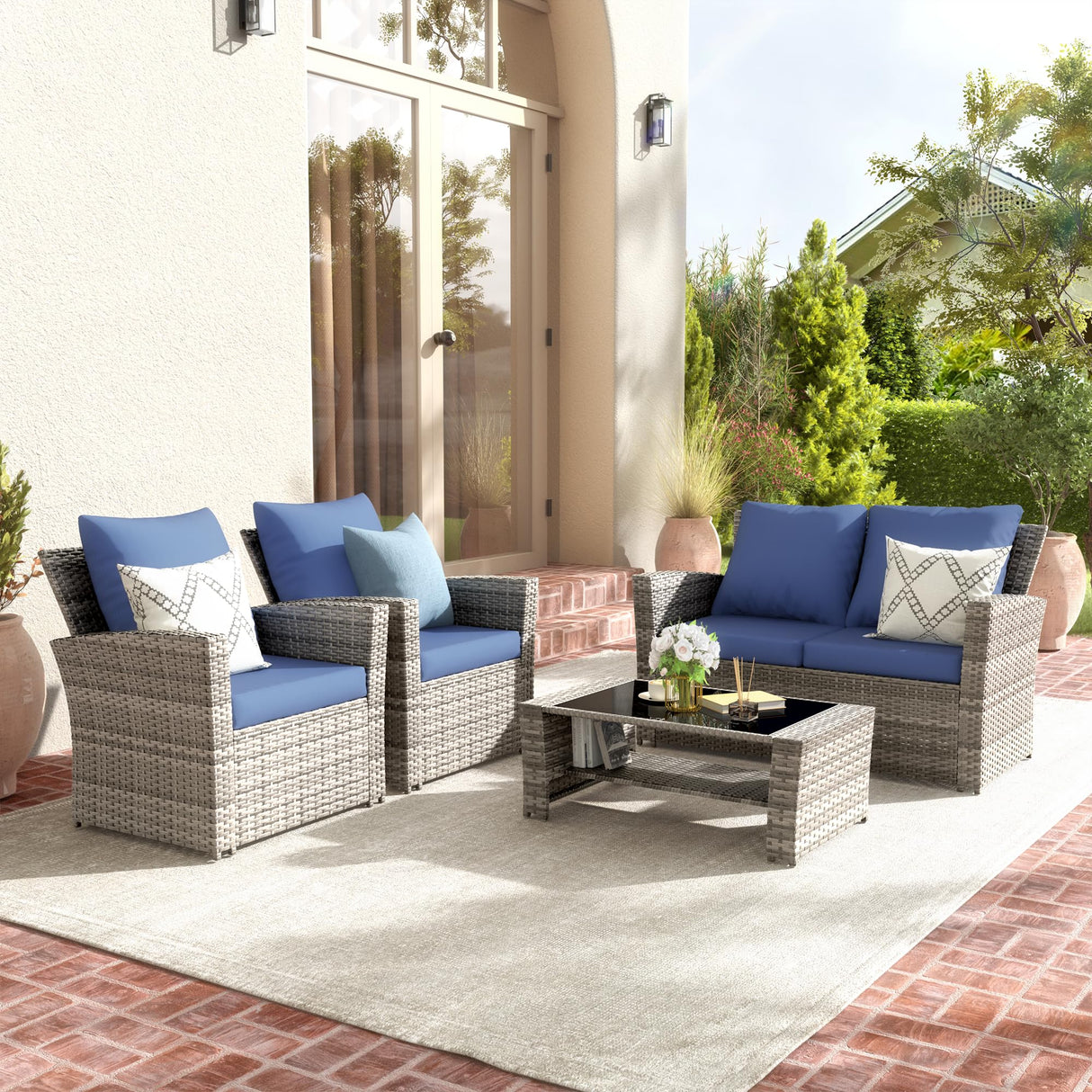 VONZOY Wicker Patio Furniture Set, 4 Piece Outdoor Sectional Sofa Sets, Gray PE Rattan Patio Conversation Set for Balcony, Porch, Navy VONZOY