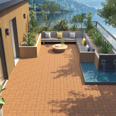 Yaheetech 10pcs Acacia Wood,Interlocking Deck Tiles with Non-Slip Surface,Easy Snap Waterproof Flooring Tiles for Indoor Outdoor,Cracking Resistant Patio Backyard Decor for All Weather Use,Wood Yaheetech