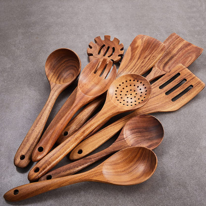 Wooden Kitchen Utensils Set,GUDAMAYE 9 PCE Natural Teak Wooden Spoons For Non-stick Pan for Cooking,