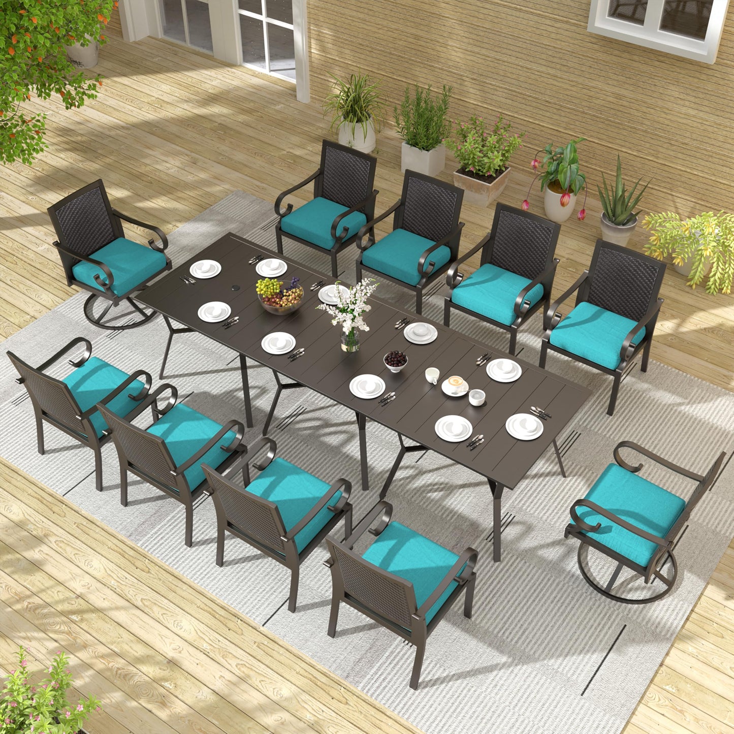 RTDTD 13 Pieces Outdoor Dining Set Patio Dining Table and Chairs Set Outdoor Furniture Set with 3 Square Metal Dining Tables with Umbrella Hole，10 Wicker Patio Chairs with Blue Cushions - WoodArtSupply