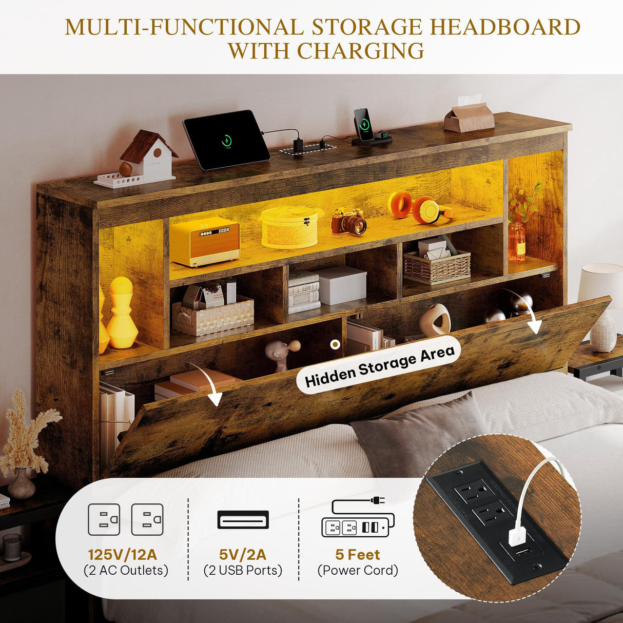 YITAHOME King Size Bed Frame with Storage Bookcase Headboard & RGB LED Lights, Slide Out Bedside Storage, Charging Station & USB, Heavy Duty Metal Slats, No Box Spring Needed, Noise-Free, Rustic Brown YITAHOME