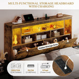 YITAHOME King Size Bed Frame with Storage Bookcase Headboard & RGB LED Lights, Slide Out Bedside Storage, Charging Station & USB, Heavy Duty Metal Slats, No Box Spring Needed, Noise-Free, Rustic Brown YITAHOME