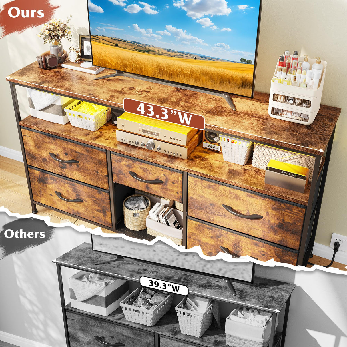 EnHomee TV Stand Dresser for Bedroom with 5 Drawer,Entertainment Center for 50 inch Television, Media Console Table with Storage, Open Shelf, Living Room,Rustic Brown EnHomee