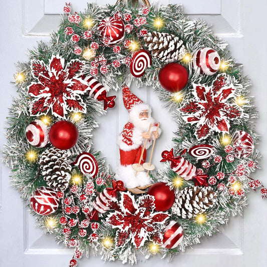 Christmas Wreaths for Front Door, 18" Lighted Christmas Wreath with Skiing Santa Claus, Red Poinsettias Christmas Wreath with Lights, Christmas Door Wreath for Indoor Outdoor Decoration