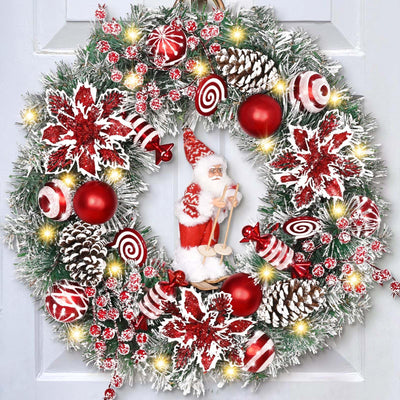 Christmas Wreaths for Front Door, 18" Christmas Wreath with Skiing Santa Claus, Red Poinsettias Christmas Wreath, Christmas Door Wreath for Indoor Outdoor Decoration