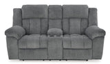 Signature Design by Ashley Tip-Off Modern Wall Hugger Power Reclining Loveseat with Adjustable Headrest, USB Ports, Storage and Cup Holders, Gray Signature Design by Ashley