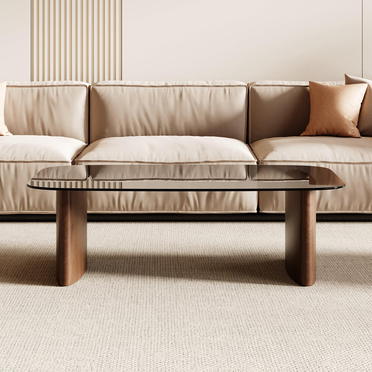 Modern Glass Coffee Table, Coffee Table for Living Room,Tempered Glass-top with Sturdy Wooden Base, Modern Coffee Tables for Small Space, Apartment, Office, Minimalist Design (Walnut) Honyee