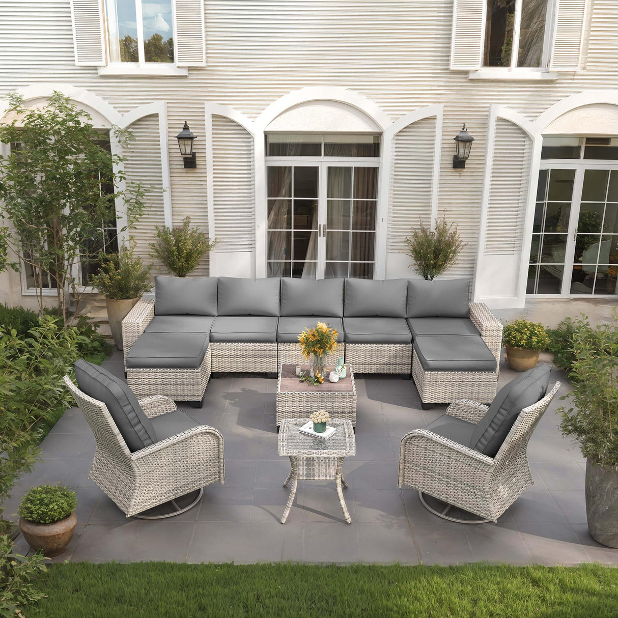 Muphyers 11-Piece Outdoor Patio Furniture Set with Rocking Swivel Chair Wicker Sectional Sofa Set, Patio Conversation Set with Ottomans & Coffee Table for Garden, Backyard, Poolside, Grey Muphyers